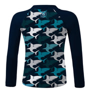 Sandy Feet Australia Long Sleeve Zip Rashie NAVY SHARK FRENZY LONG SLEEVE ZIP RASHIE