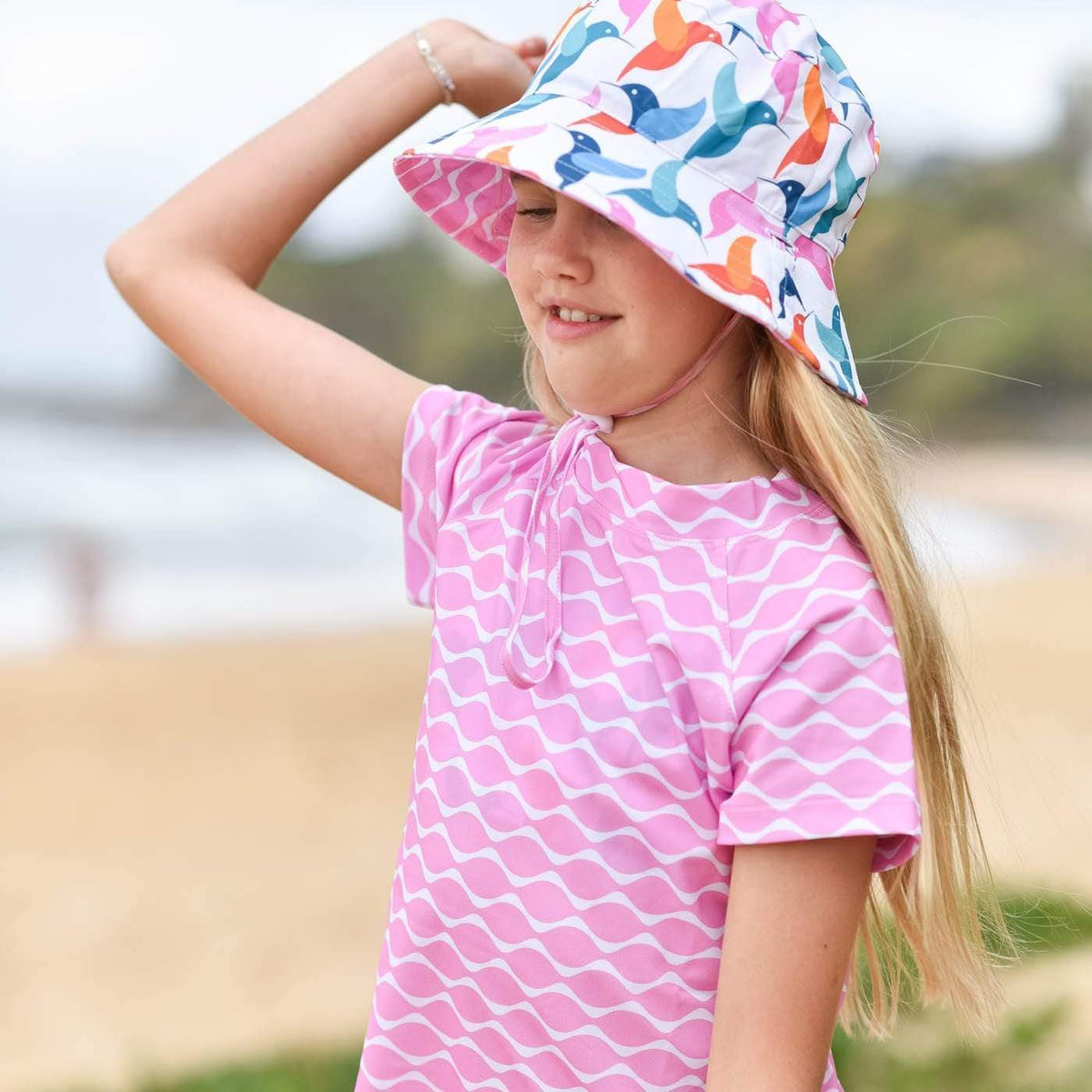 Pink Rashie UPF50+ Girls Pink Wave Short Sleeve Rashie | Sandy Feet Australia