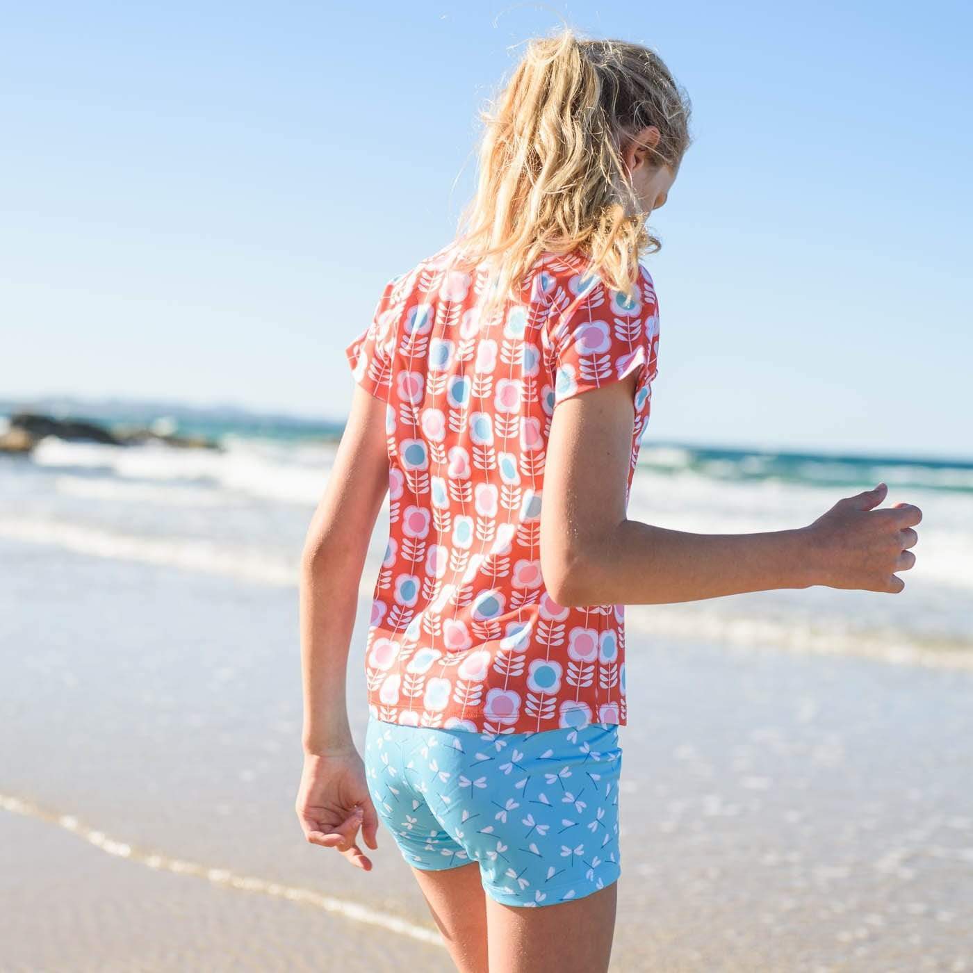 Sandy Feet Australia Swim Shorts Girls Sky Blue Dragon Fly Dance Swim Shorts